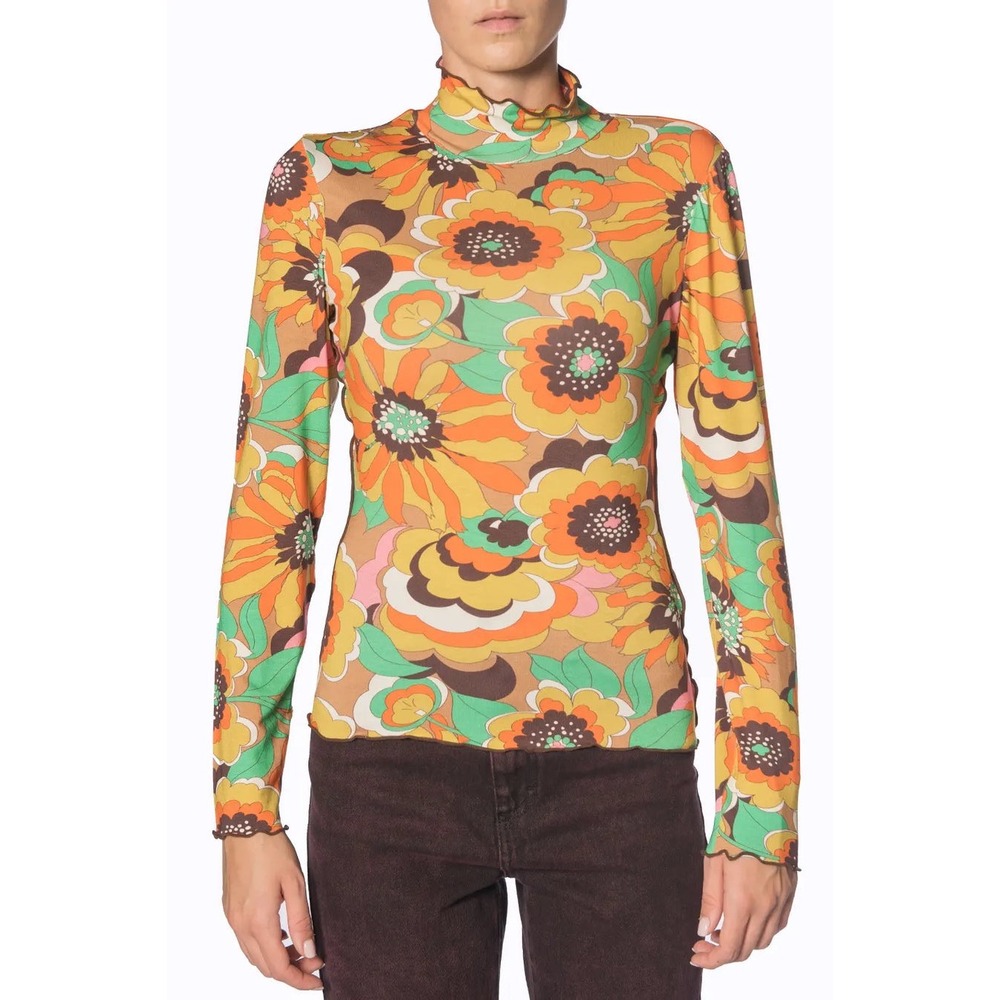 Manoush Orange Floral Woven Top Mock Neck Lettuce Hem M
